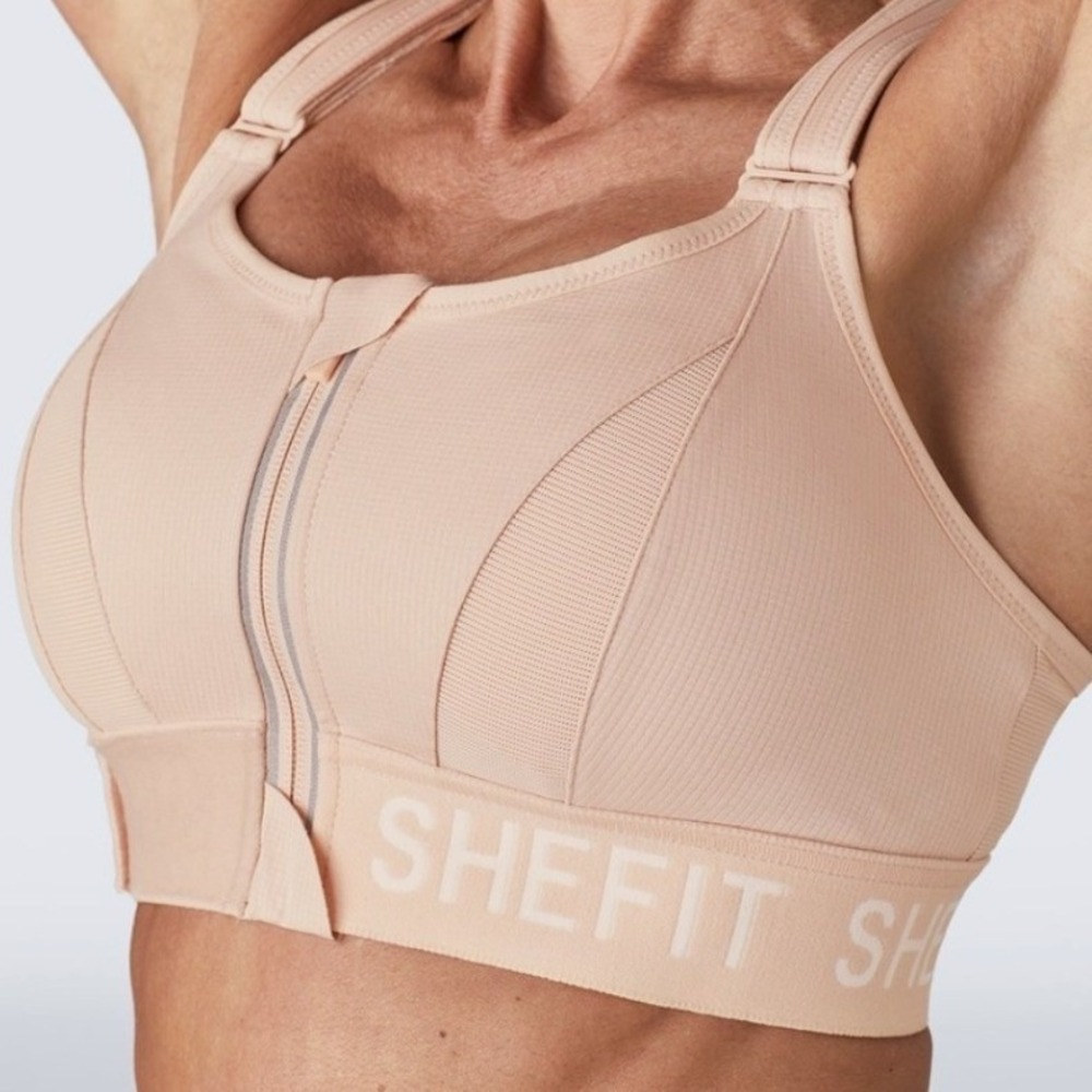 Shefit Ultimate Sports Bra Sand 1Luxe Adjustable High Impact Front Zip Nude